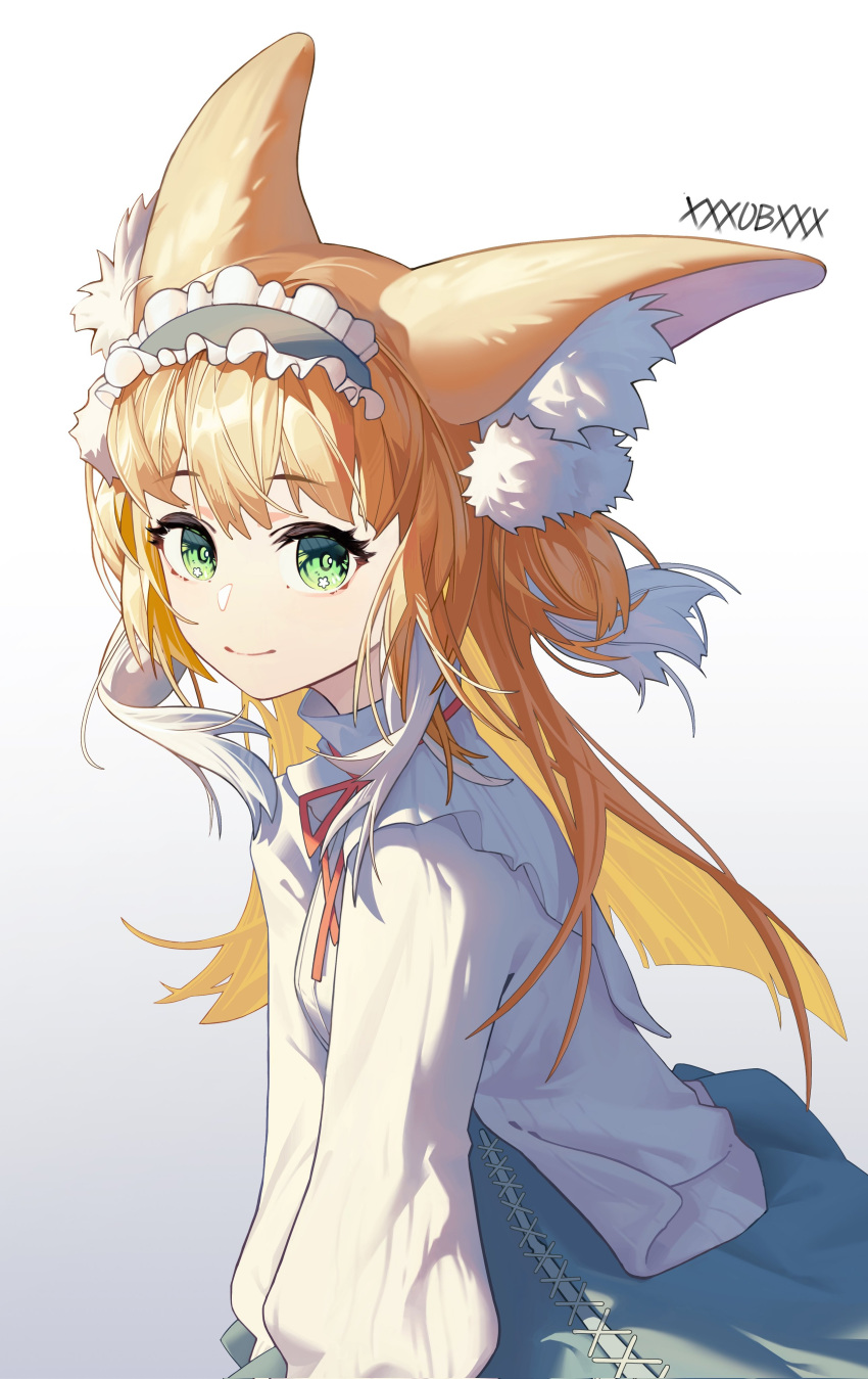 1girl absurdres animal_ear_fluff arknights blonde_hair blue_hairband blue_skirt frilled_hairband frills green_eyes grey_background hair_down hairband highres long_sleeves looking_at_viewer multicolored_hair necktie official_alternate_costume red_ribbon ribbon shirt simple_background skirt solo streaked_hair suzuran_(arknights) suzuran_(spring_praise)_(arknights) white_hair white_shirt xxxobrienxxx07