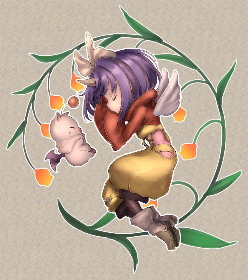 1girl belt_buckle black_pantyhose bodysuit boots bow buckle creature eiko_carol fetal_position final_fantasy final_fantasy_ix flower from_side full_body grey_horns hair_bow highres horns leaf lily_of_the_valley mini_wings moogle orange_flower outline pantyhose pink_bodysuit puchiman purple_hair short_hair single_horn white_bow white_outline white_wings wings yellow_belt