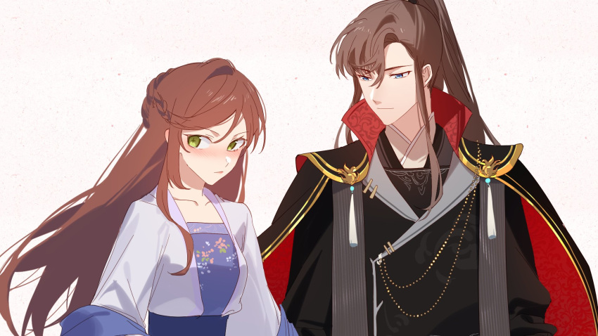 1boy 1girl artem_wing_(tears_of_themis) bangs blue_eyes blush brown_hair chinese_clothes closed_mouth green_eyes hanfu highres long_hair long_sleeves nnatural94 ponytail rosa_(tears_of_themis) simple_background tears_of_themis white_background