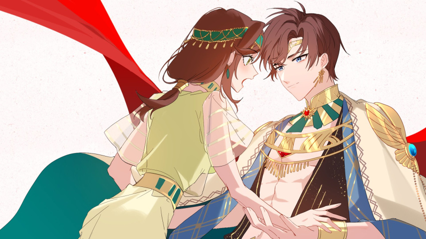 1boy 1girl :o abs artem_wing_(tears_of_themis) bangs blue_eyes brown_hair circlet closed_mouth earrings egyptian_clothes green_eyes highres jewelry long_hair muscular muscular_male nnatural94 open_mouth rosa_(tears_of_themis) see-through see-through_sleeves short_hair short_sleeves simple_background tears_of_themis white_background