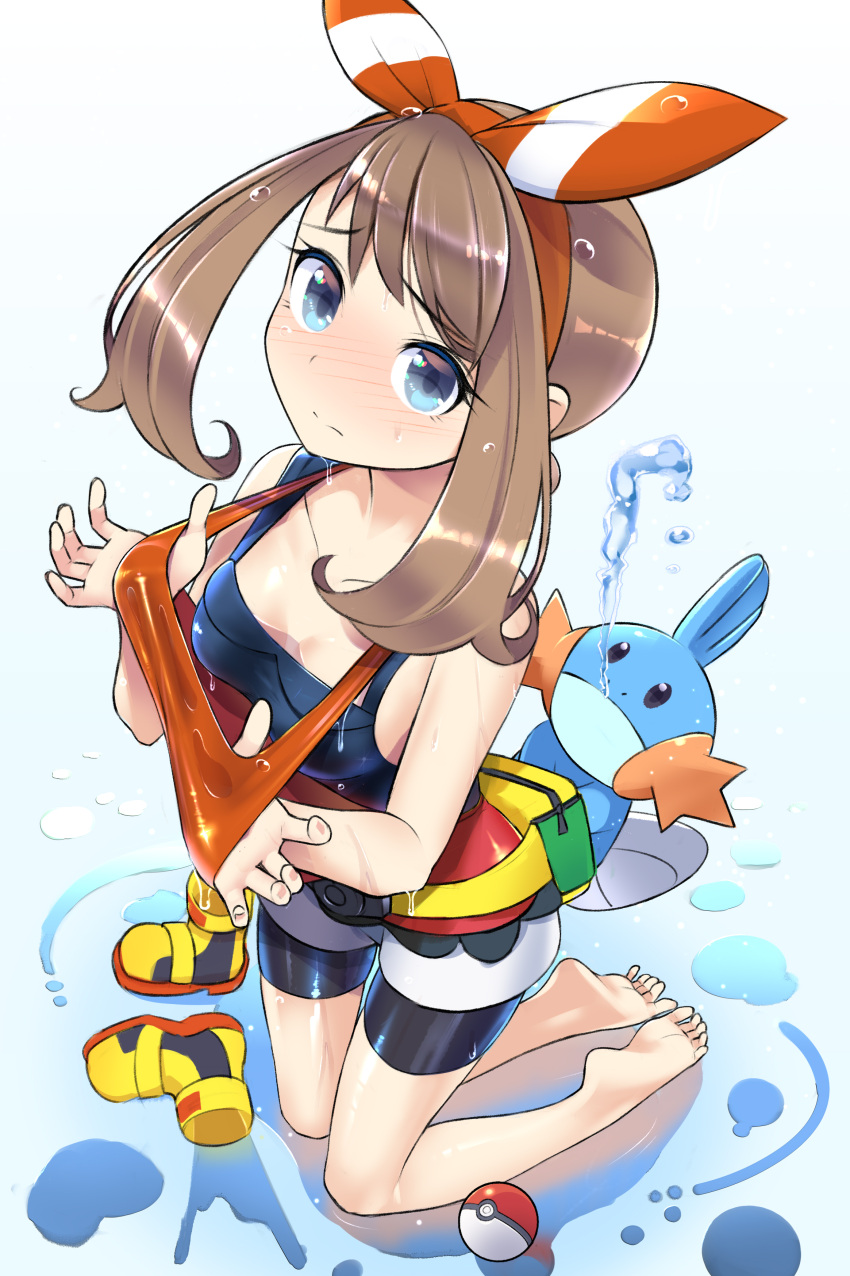 absurdres bike_shorts bike_shorts_under_shorts blue_eyes bow_hairband brown_hair hairband highres may_(pokemon) medium_hair mudkip pokemon pokemon_(creature) pokemon_(game) pokemon_rse short_shorts shorts tm_(hanamakisan) wet wet_clothes