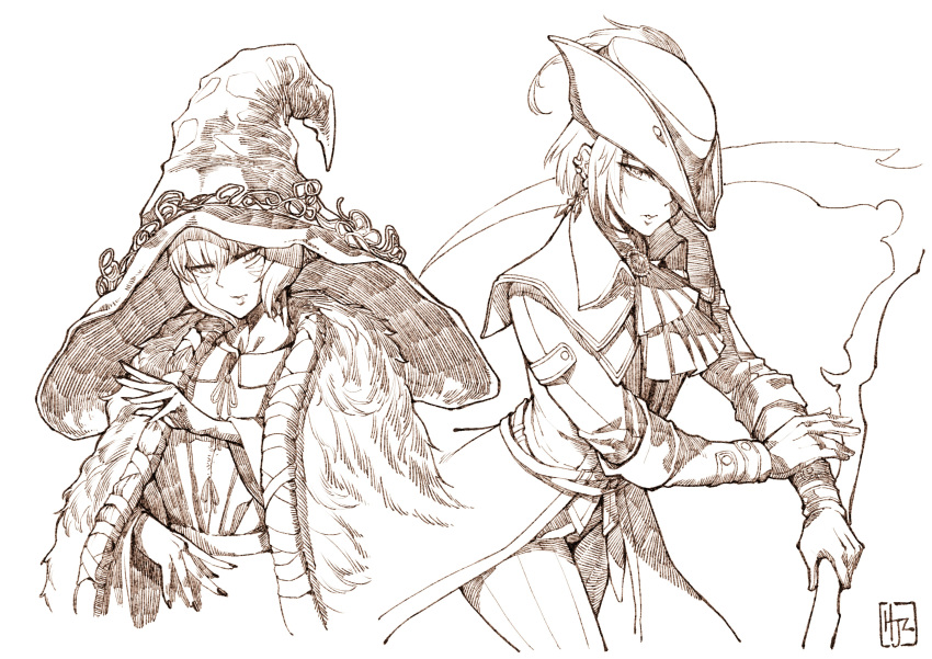 2girls absurdres ascot bangs bloodborne brooch cloak coat cosplay cowboy_shot crossover ear_piercing earrings elden_ring facial_mark final_fantasy final_fantasy_xiv fur_cloak gloves hand_up hat hat_feather hat_ornament hat_over_one_eye hatching highres hjz_(artemi) holding holding_scythe holding_weapon hyur jewelry lady_maria_of_the_astral_clocktower lady_maria_of_the_astral_clocktower_(cosplay) leaning_forward long_sleeves looking_at_viewer miqo'te monochrome multiple_girls one_eye_covered pants piercing ranni_the_witch ranni_the_witch_(cosplay) scythe sepia serious short_hair signature simple_background tricorne upper_body weapon white_background witch_hat y'shtola_rhul zero_(ff14)