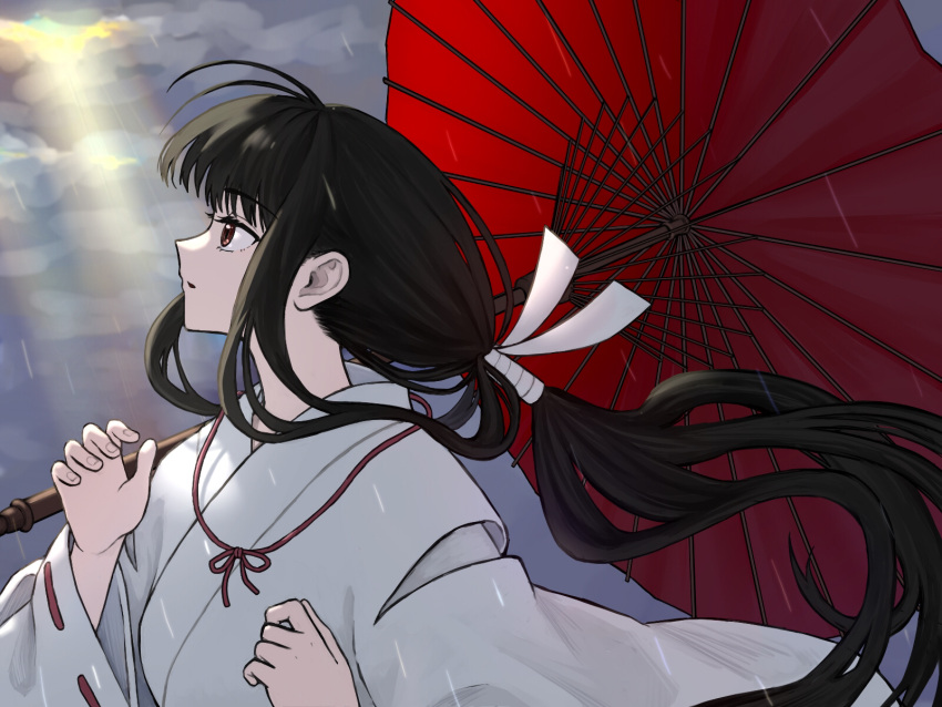 1girl black_hair clouds highres holding inuyasha japanese_clothes kikyou_(inuyasha) leegq long_hair long_sleeves low_ponytail miko oil-paper_umbrella parted_lips red_umbrella sidelocks solo umbrella upper_body