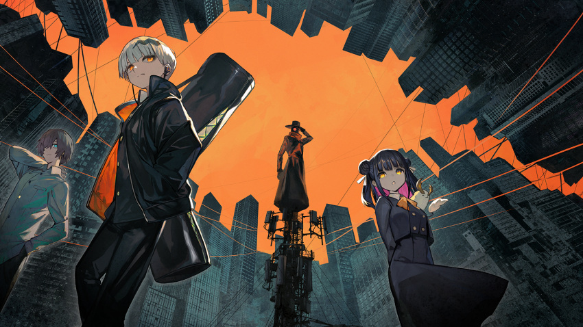 1girl 3boys backpack bag black_dress black_hair black_jacket black_pants black_shirt blue_eyes breasts brown_coat brown_hair brown_headwear building character_request cityscape closed_mouth coat collared_shirt commentary_request double_bun dress eve_(niconico) grey_hair grey_shirt hair_bun hair_over_one_eye hair_ribbon hand_in_pocket hand_on_headwear hand_on_own_neck hat headphones highres hitotsume-sama jacket lack long_sleeves looking_away mask medium_hair multicolored_hair multiple_boys neck_ribbon niconico one_eye_covered open_mouth orange_eyes orange_ribbon orange_sky outdoors pants power_lines radio_antenna ribbon shirt short_hair sidelocks sky small_breasts streaked_hair white_hair white_ribbon yellow_eyes