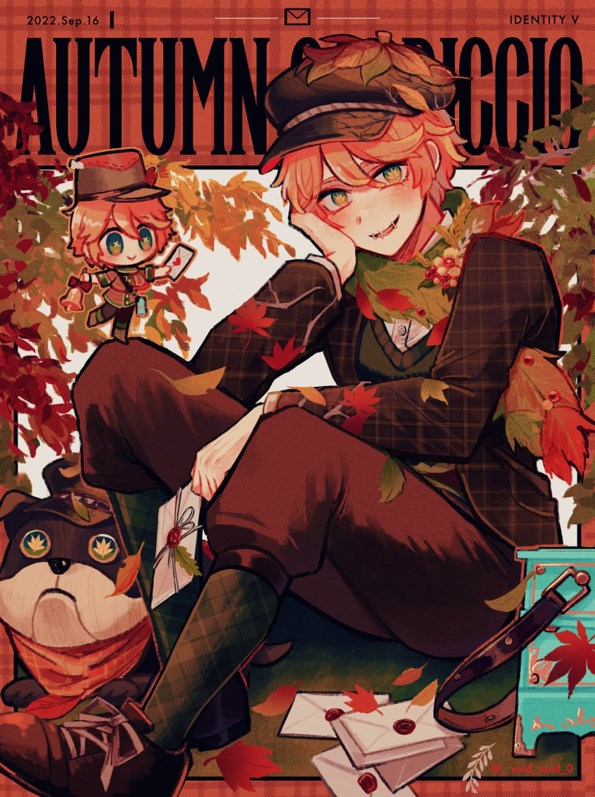 1boy autumn autumn_leaves bag bag_removed bell blonde_hair blush brown_pants chibi chibi_inset dated dog english_text falling_leaves full_body green_eyes green_socks hair_between_eyes hand_on_own_cheek hand_on_own_face highres holding holding_bell holding_letter identity_v jacket knee_up leaf letter long_sleeves looking_at_viewer male_focus maple_leaf official_alternate_costume open_mouth pants plaid plaid_jacket plaid_socks scarf shirt short_hair sitting smile socks solo stitched_mouth stitches sweater_vest symbol-shaped_pupils tendenbarabara twitter_username victor_grantz victor_grantz_(autumn_reverie) white_shirt wick_(identity_v) yellow_pupils
