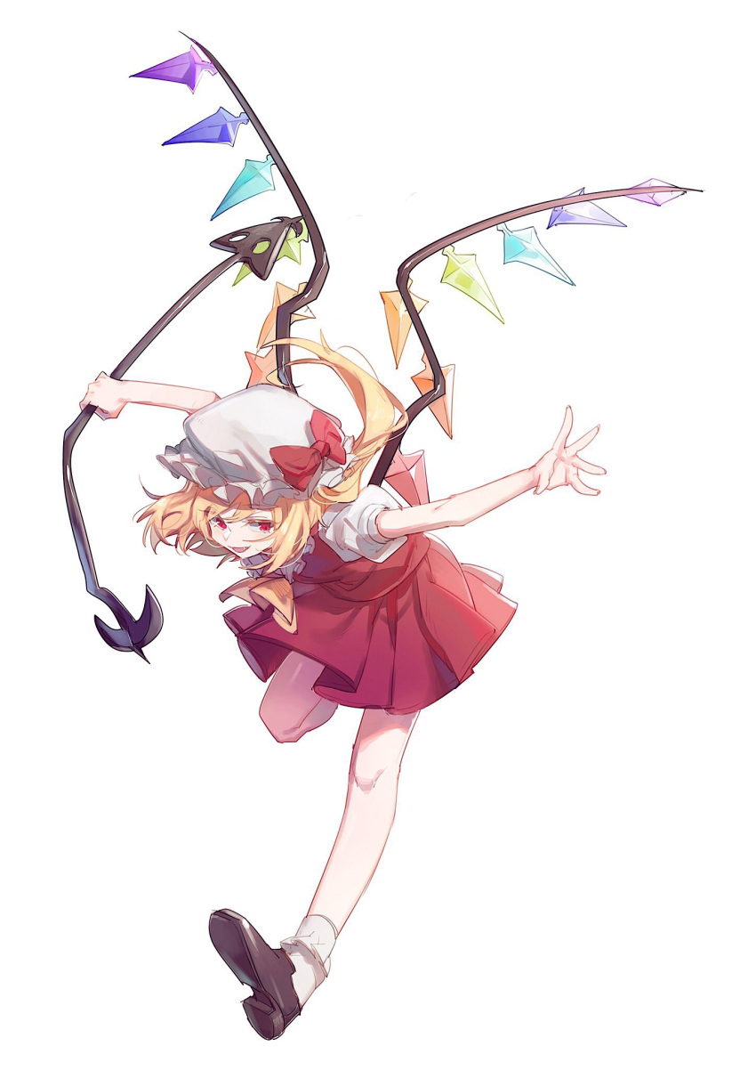 1girl :d aibivy bangs blonde_hair bobby_socks bow commentary_request crystal fang flandre_scarlet full_body hat hat_bow highres laevatein_(touhou) long_hair mob_cap one_side_up open_mouth puffy_short_sleeves puffy_sleeves red_bow red_eyes red_skirt red_vest shirt short_sleeves simple_background skirt smile socks solo touhou vest white_background white_headwear white_shirt white_socks wings