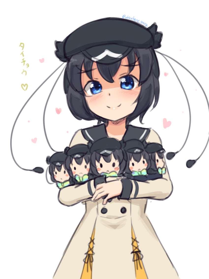 1girl bird_girl bird_wings black_hair blue_eyes blush cabbie_hat character_doll commentary cowboy_shot dress hat head_wings heart highres kemono_friends kemono_friends_3 long_sleeves looking_at_viewer official_alternate_costume sailor_collar sailor_dress school_uniform shiraha_maru short_hair simple_background smile solo translated twitter_username western_parotia_(kemono_friends) white_background wings
