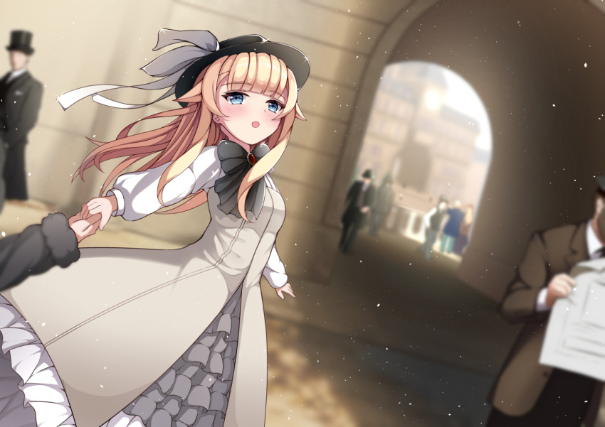 1girl :o black_bow blonde_hair blue_eyes blurry blurry_background bow dress frilled_dress frills hat hat_ribbon holding_hands long_hair long_sleeves princess_(princess_principal) princess_principal puffy_long_sleeves puffy_sleeves ribbon standing top_hat town white_ribbon ylpz_23