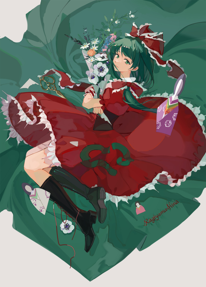1girl black_footwear boots bouquet bow character_name closed_mouth corset dress flower frilled_dress frilled_ribbon frills from_above front_ponytail full_body green_eyes green_hair hair_bow highres holding holding_bouquet its8b kagiyama_hina knee_boots lips long_hair looking_at_viewer looking_to_the_side lying nagashi-bina on_side orange_flower pink_flower puffy_short_sleeves puffy_sleeves red_dress red_ribbon ribbon scissors shoelaces short_sleeves solo touhou white_flower