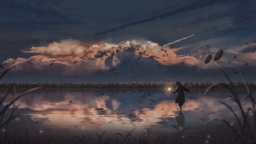 1girl absurdres building cattail city clouds fireworks grass highres holding_fireworks horizon original outdoors plant reflection reflective_water scenery short_hair sky soaking_feet solo sparkle sparkler standing water yu_jing