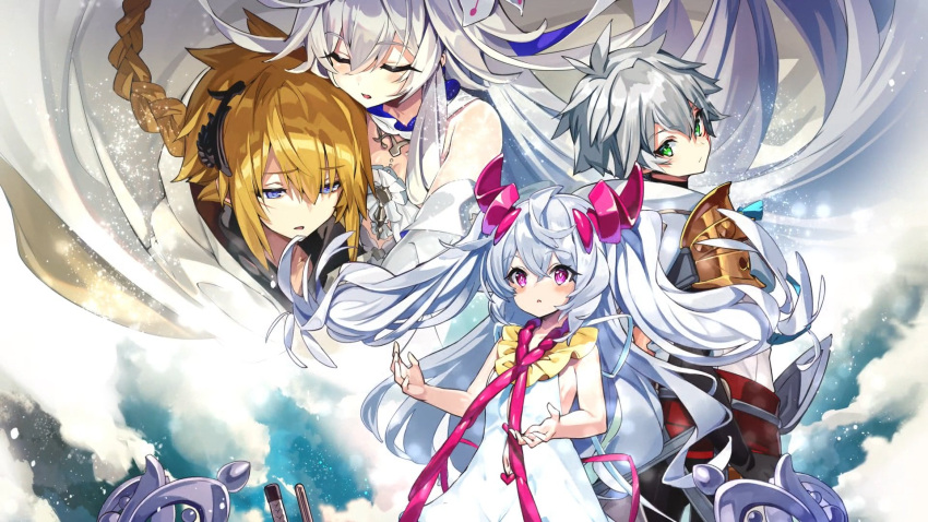 1boy 3girls bare_shoulders blonde_hair braid character_request closed_eyes dress green_eyes grey_hair hair_ornament highres last_period long_hair looking_at_viewer looking_back multiple_girls official_art sidelocks sleeveless sleeveless_dress twintails violet_eyes white_dress white_hair