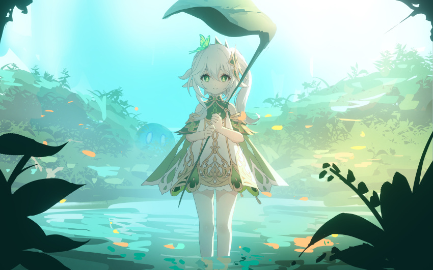 1girl absurdres bug butterfly dress genshin_impact green_eyes h1910984490 highres leaf leaf_umbrella long_hair looking_at_viewer nahida_(genshin_impact) outdoors plant pointy_ears short_dress side_ponytail smile solo wading water white_dress white_hair