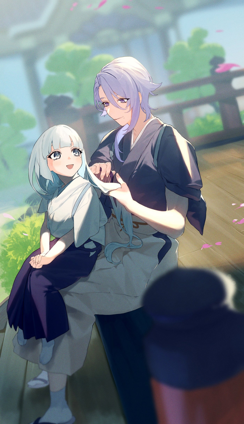 1boy 1girl absurdres aged_down architecture bangs blue_eyes blue_hair blunt_bangs blurry blurry_background blush brushing_hair closed_mouth comb commentary_request east_asian_architecture eyelashes falling_petals genshin_impact hakama hakama_pants highres holding holding_comb japanese_clothes kamisato_ayaka kamisato_ayato light_blue_hair long_hair looking_at_another mole mole_under_eye mole_under_mouth open_mouth pants petals sachico66 sitting sitting_on_lap sitting_on_person sleeves_rolled_up smile socks swept_bangs wooden_floor zouri
