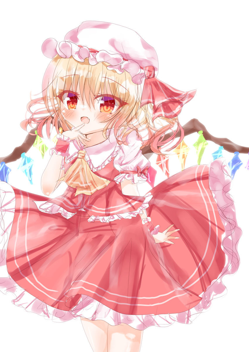 1girl absurdres ascot blonde_hair cowboy_shot crystal finger_to_mouth flandre_scarlet frilled_shirt_collar frilled_skirt frilled_sleeves frilled_vest frills hat hat_ribbon highres looking_at_viewer medium_hair mob_cap multicolored_wings open_mouth orange_eyes puffy_short_sleeves puffy_sleeves red_ribbon red_skirt red_vest ribbon sabata_yoshi shirt short_sleeves simple_background skirt solo touhou vest white_background white_headwear white_shirt wings wrist_cuffs yellow_ascot