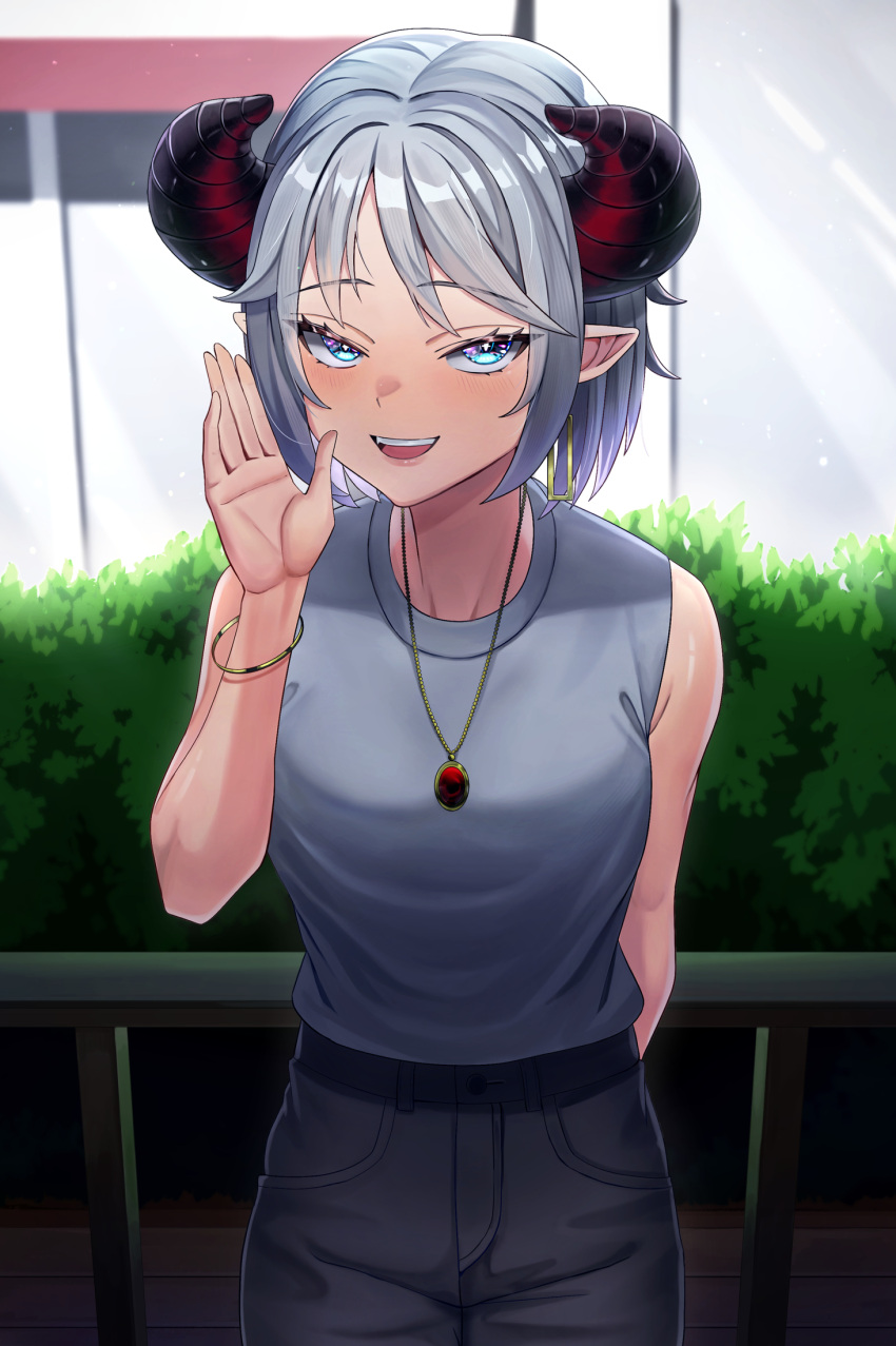 1girl arm_behind_back black_pants blue_eyes breasts cowboy_shot grey_hair grey_shirt highres horns jewelry medium_breasts monster_girl motsushi necklace original pants pointy_ears shirt short_hair sleeveless sleeveless_shirt solo standing