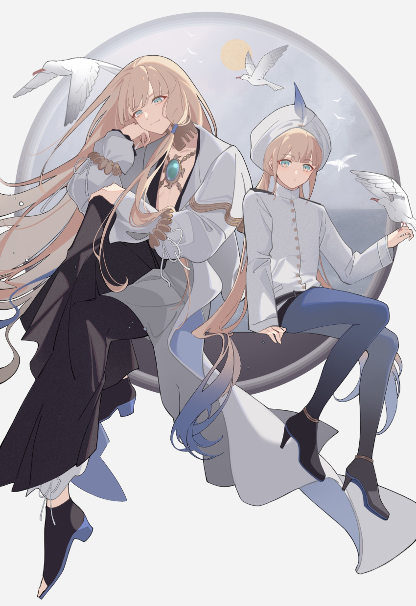 2boys :/ absurdres aqua_eyes bangs bird bird_on_hand black_footwear black_pants blonde_hair blue_hair blue_pantyhose boots captain_nemo_(fate) chest_jewel commentary dullnoko english_commentary fate/grand_order fate_(series) full_body full_moon gradient_hair hand_on_own_knee hat_feather head_rest high_heel_boots high_heels highres jacket knee_up long_sleeves looking_at_viewer low_neckline low_twintails male_focus moon multicolored_hair multiple_boys nemo_(fate) noah_(fate) ocean pants pantyhose robe seagull shoes sitting smile turban twintails white_background white_jacket white_robe