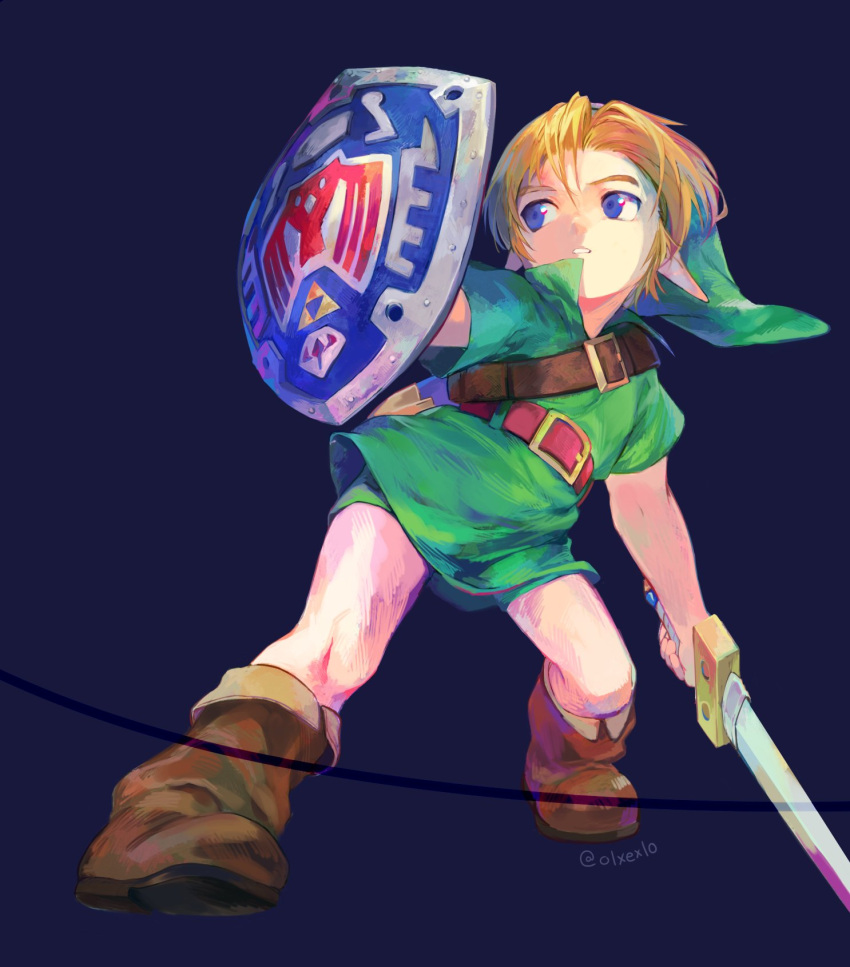 1boy bangs belt belt_buckle blonde_hair blue_eyes boots buckle child green_headwear green_tunic hat highres holding holding_sword holding_weapon link male_child male_focus olxexlo pointy_ears red_belt shield short_hair signature simple_background solo sword teeth the_legend_of_zelda the_legend_of_zelda:_ocarina_of_time tunic unsheathed weapon young_link