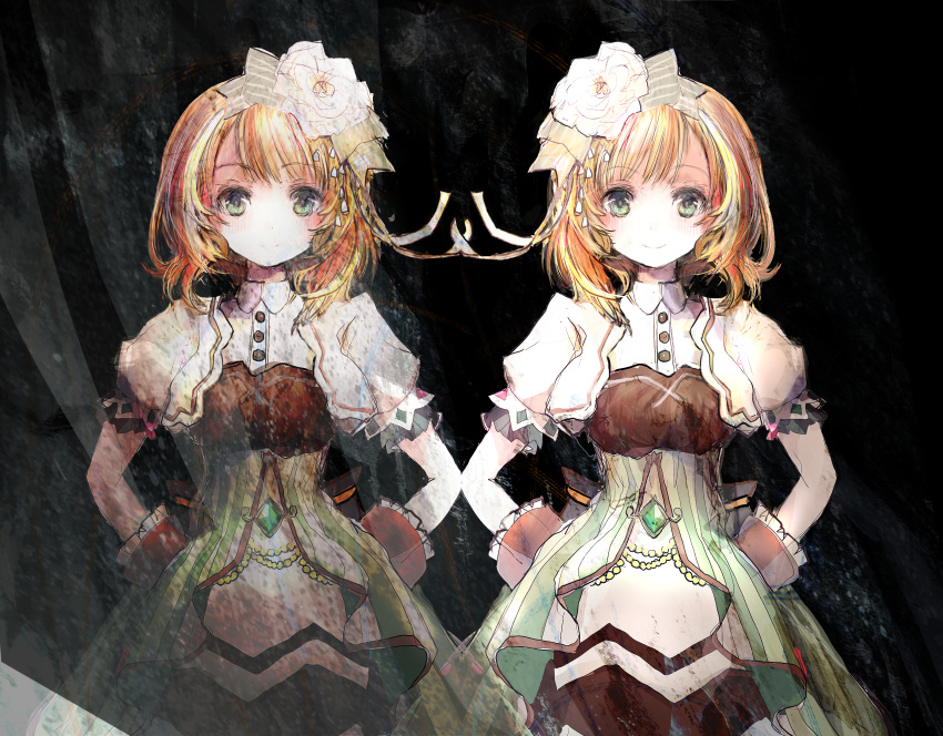 2girls 86thunder arms_behind_back back_bow bangs black_background bow brown_dress buttons chain collared_shirt commentary cropped_jacket dress dual_persona flower gem green_eyes green_gemstone hair_flower hair_ornament hair_ribbon haruna_konomi highres jacket looking_at_viewer magia_record:_mahou_shoujo_madoka_magica_gaiden magical_girl mahou_shoujo_madoka_magica mirror_image multicolored_hair multiple_girls orange_hair puffy_short_sleeves puffy_sleeves ribbon shirt shirt_under_dress short_hair short_sleeves simple_background smile strapless strapless_dress streaked_hair striped striped_ribbon swept_bangs vertical_stripes white_flower white_jacket white_shirt