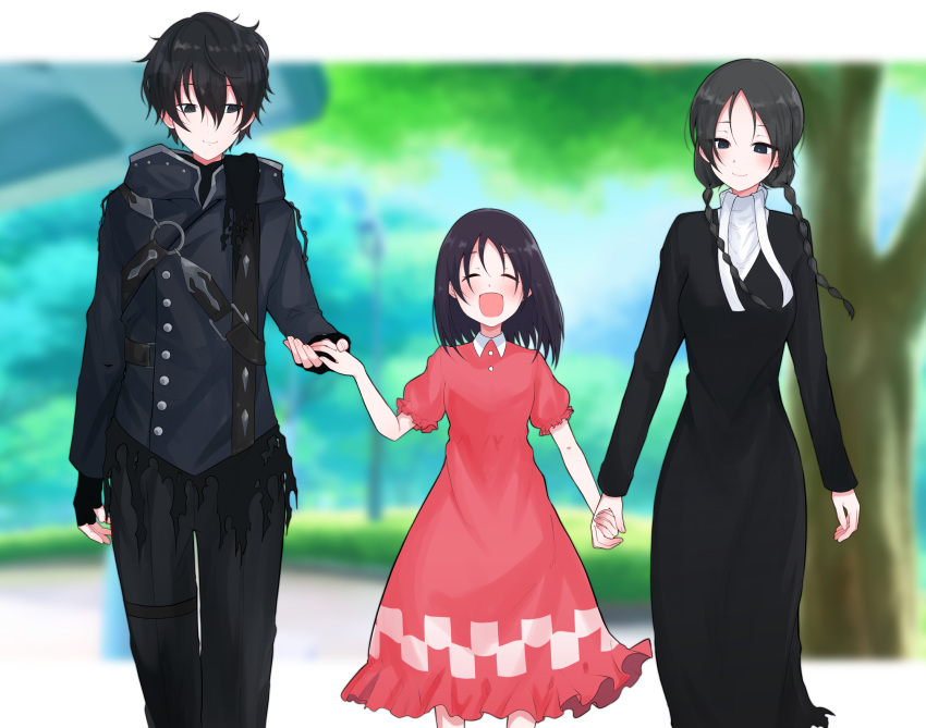 1boy 2girls bangs black_dress black_eyes black_gloves black_hair black_jacket black_pants blurry blurry_background blush braid buttons child closed_eyes closed_mouth commentary_request dress fate/strange_fake fate_(series) female_child fingerless_gloves fingernails forehead gloves hair_between_eyes height_difference highres holding_hands hood hood_down hooded_jacket jacket kuruoka_tsubaki letterboxed long_hair long_sleeves looking_at_another mekakuri_(otacon250) multiple_girls no_name_assassin_(fate) open_mouth outside_border pants puffy_short_sleeves puffy_sleeves red_dress short_hair short_sleeves sigma_(fate) smile torn_clothes twin_braids