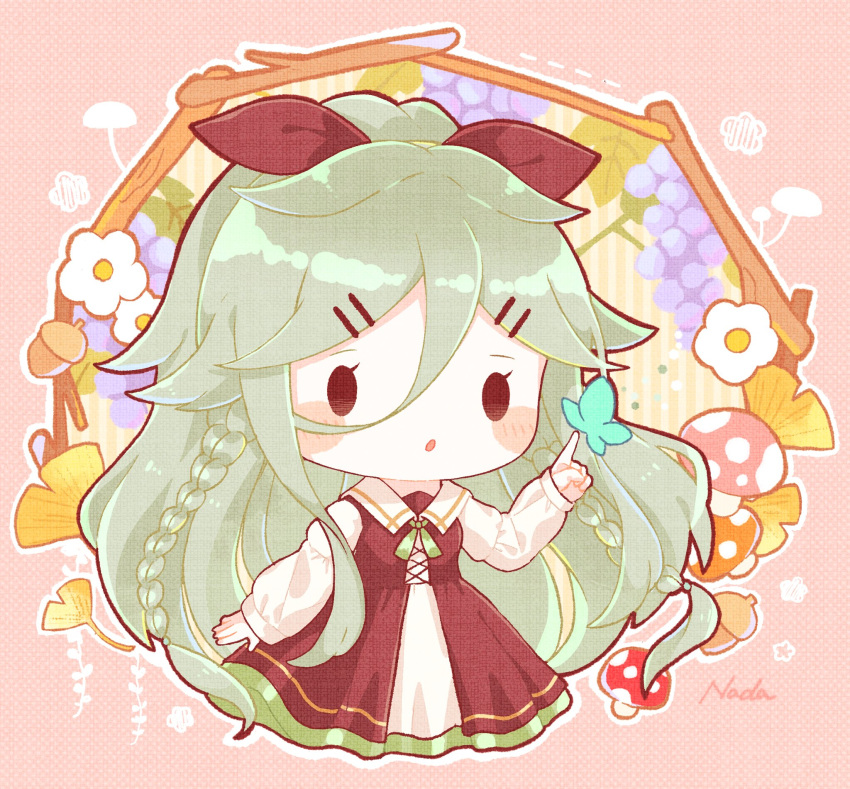 1girl acorn animal artist_name black_ribbon blush_stickers braid bug butterfly dress flower full_body ginkgo_leaf green_hair hair_flaps hair_ribbon highres kantai_collection leaf long_hair long_sleeves mushroom nada_namie open_mouth ponytail ribbon signature solo twin_braids white_flower yamakaze_(kancolle) yamakaze_kai_ni_(kancolle)