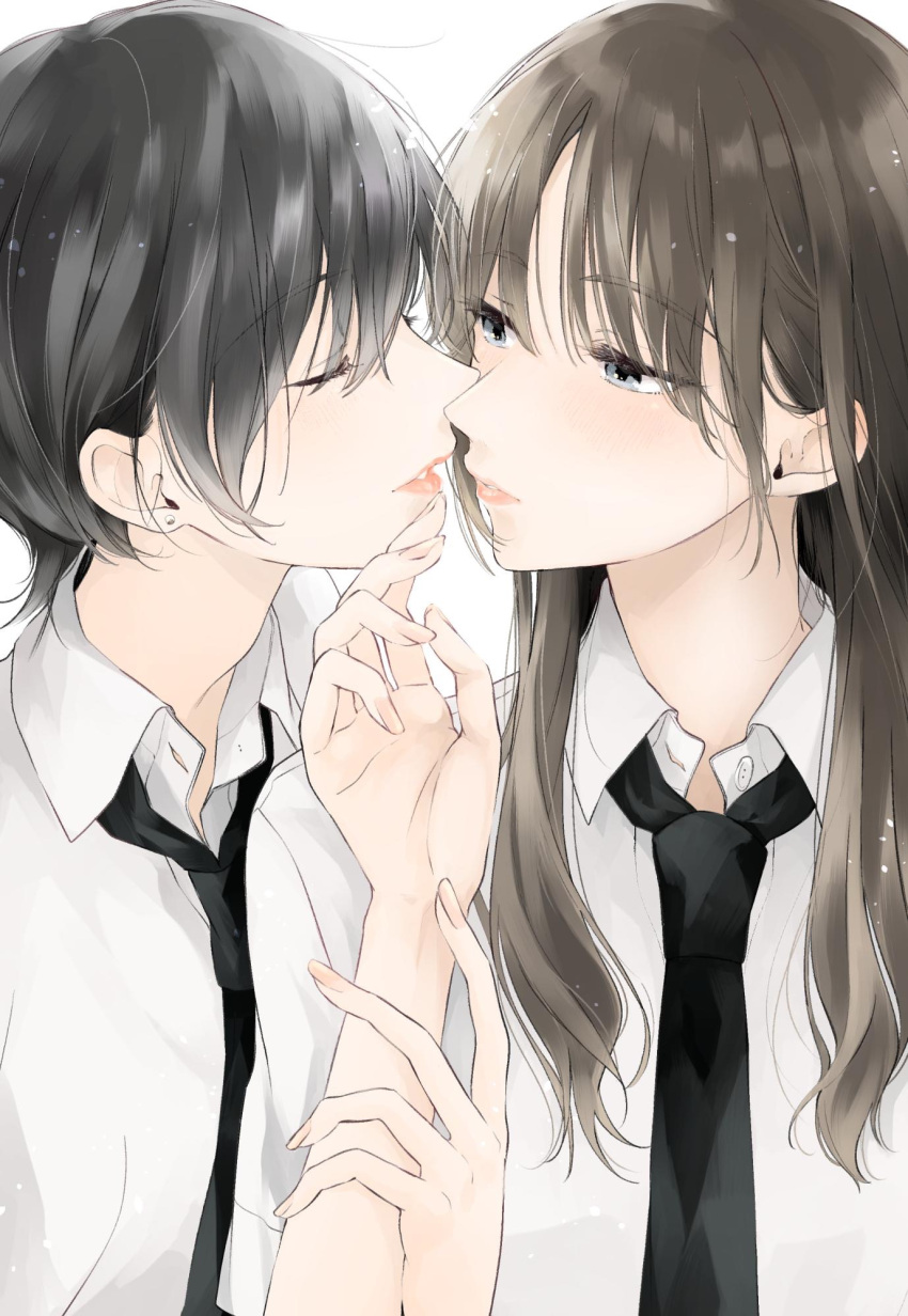 2girls black_hair blue_eyes brown_hair closed_eyes commentary_request highres imminent_kiss looking_at_another multiple_girls necktie original saki_hajime short_hair yuri