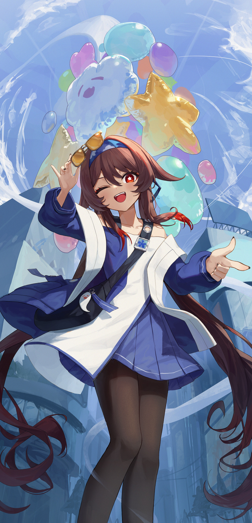 1girl :d absurdres alternate_costume arm_up balloon bangs belt_bag black_nails black_pantyhose black_thighhighs blue_hairband blue_jacket blue_skirt blue_sky boo_tao_(genshin_impact) brown_hair building clouds collarbone colored_tips commentary eyewear_removed feet_out_of_frame finger_gun flower-shaped_pupils genshin_impact hair_between_eyes hairband heart_balloon highres holding holding_eyewear hu_tao_(genshin_impact) jacket lawson long_hair long_sleeves looking_at_viewer multicolored_clothes multicolored_hair multicolored_jacket off-shoulder_shirt off_shoulder one_eye_closed open_clothes open_jacket open_mouth pantyhose pellas_(panix2383) pleated_skirt red_eyes redhead shirt skirt sky smile solo star_(symbol) star_balloon sunglasses symbol-only_commentary symbol-shaped_pupils teeth thigh-highs tinted_eyewear twintails two-tone_jacket upper_teeth very_long_hair white_jacket white_shirt yellow-tinted_eyewear