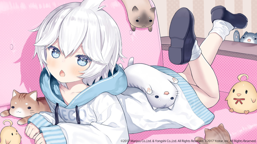 1girl animal azur_lane bangs bird black_footwear blue_eyes blush capriccio cat chestnut_mouth clothes_writing collarbone commentary_request couch drawstring fang hair_between_eyes hood hood_down hoodie legs_up long_sleeves looking_at_viewer lying manjuu_(azur_lane) official_art on_couch on_stomach open_mouth puffy_long_sleeves puffy_sleeves shoe_soles shoes short_hair sleeves_past_wrists sock_pull socks solo u-110_(azur_lane) white_hair white_hoodie white_socks