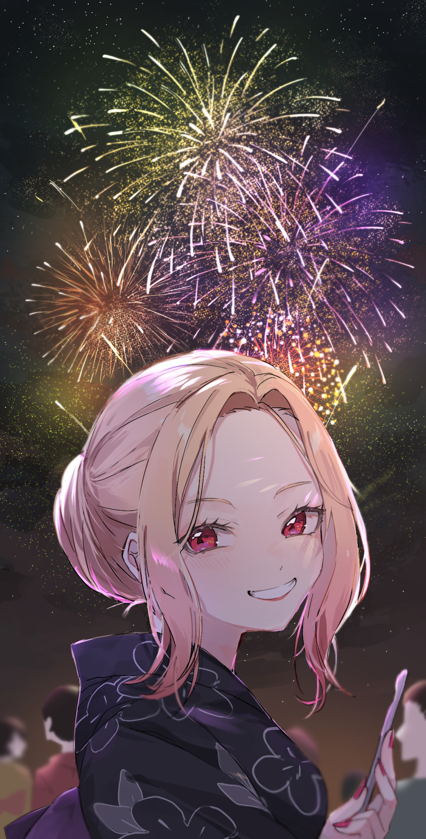 1boy 3girls black_kimono blonde_hair fireworks from_side gradient_hair hair_bun highres holding ika_esu japanese_clothes kimono kitagawa_marin long_hair looking_at_viewer looking_to_the_side multicolored_hair multiple_girls night night_sky people pink_hair red_eyes red_lips sidelocks sky solo_focus sono_bisque_doll_wa_koi_wo_suru star_(sky) updo yukata