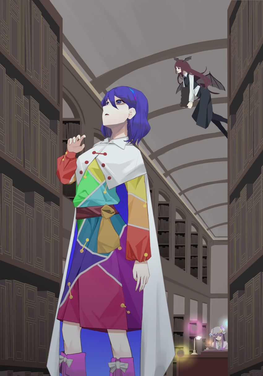 3girls absurdres blue_hair book bookshelf boots cape dauchimk_1 flying head_wings highres holding holding_book koakuma library long_sleeves multiple_girls patchouli_knowledge patchwork_clothes purple_hair redhead short_hair standing tenkyuu_chimata touhou