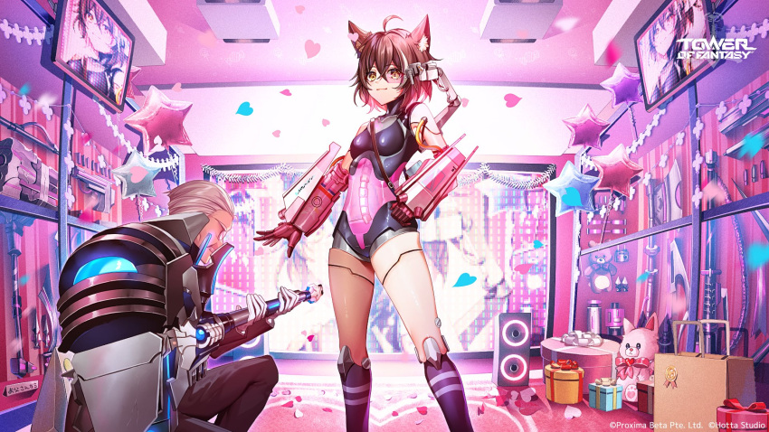 1boy ahoge animal_ears bangs brown_hair cat_ears crossed_bangs cyborg ene_(tower_of_fantasy) flat_chest gloves hand_on_hip heart highres holding holding_weapon indoors mechanical_arms medium_hair official_art smile standing star_(symbol) tower_of_fantasy urashima_(hidoro_mgmg) weapon white_gloves yellow_eyes