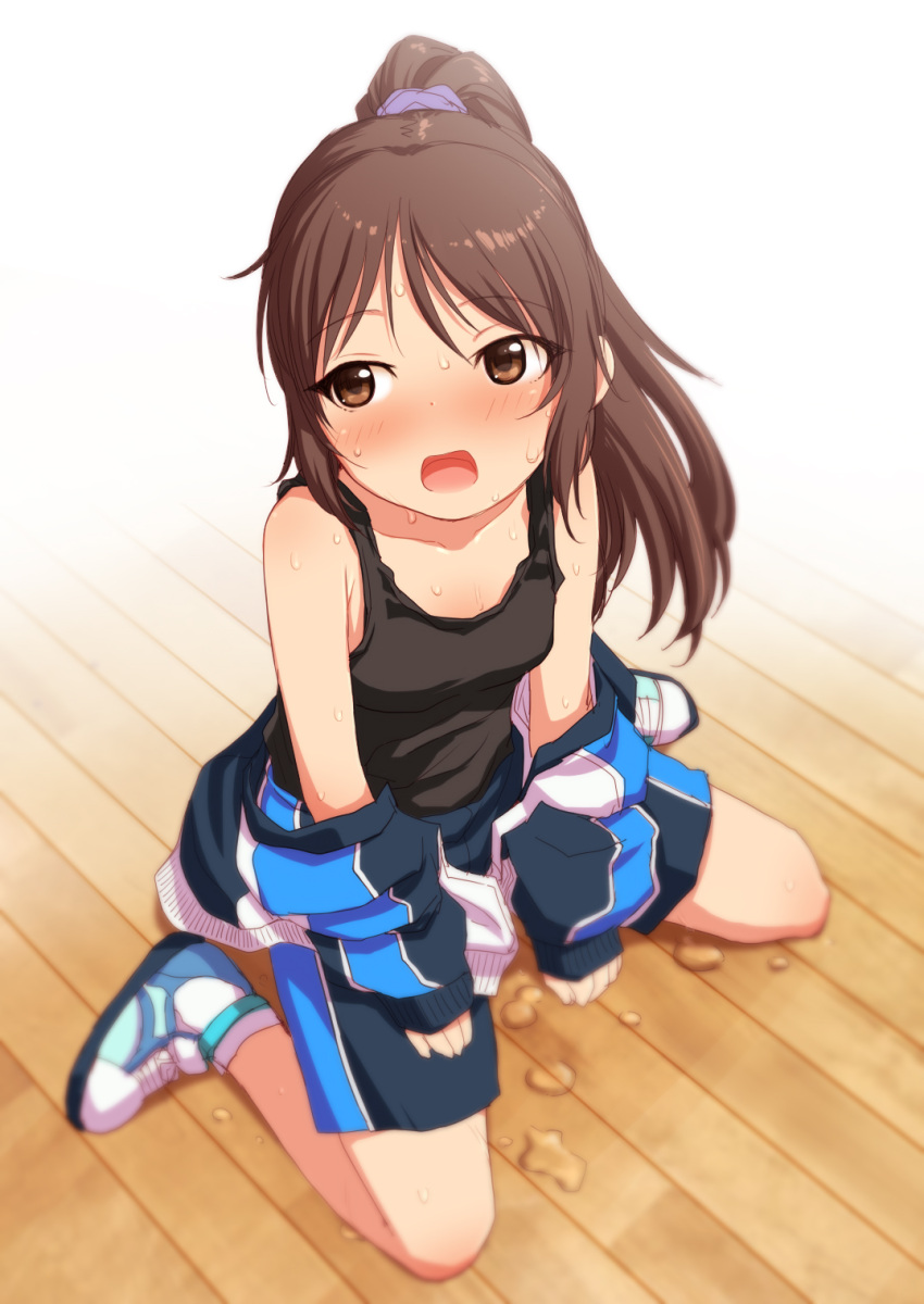 blush brown_hair dripping hand_on_thigh looking_at_another open_mouth ponytail shoes simple_background sitting solo sweat sweating_profusely t-shirt tachibana_arisu track_jacket wet white_background wooden_floor yellow_eyes