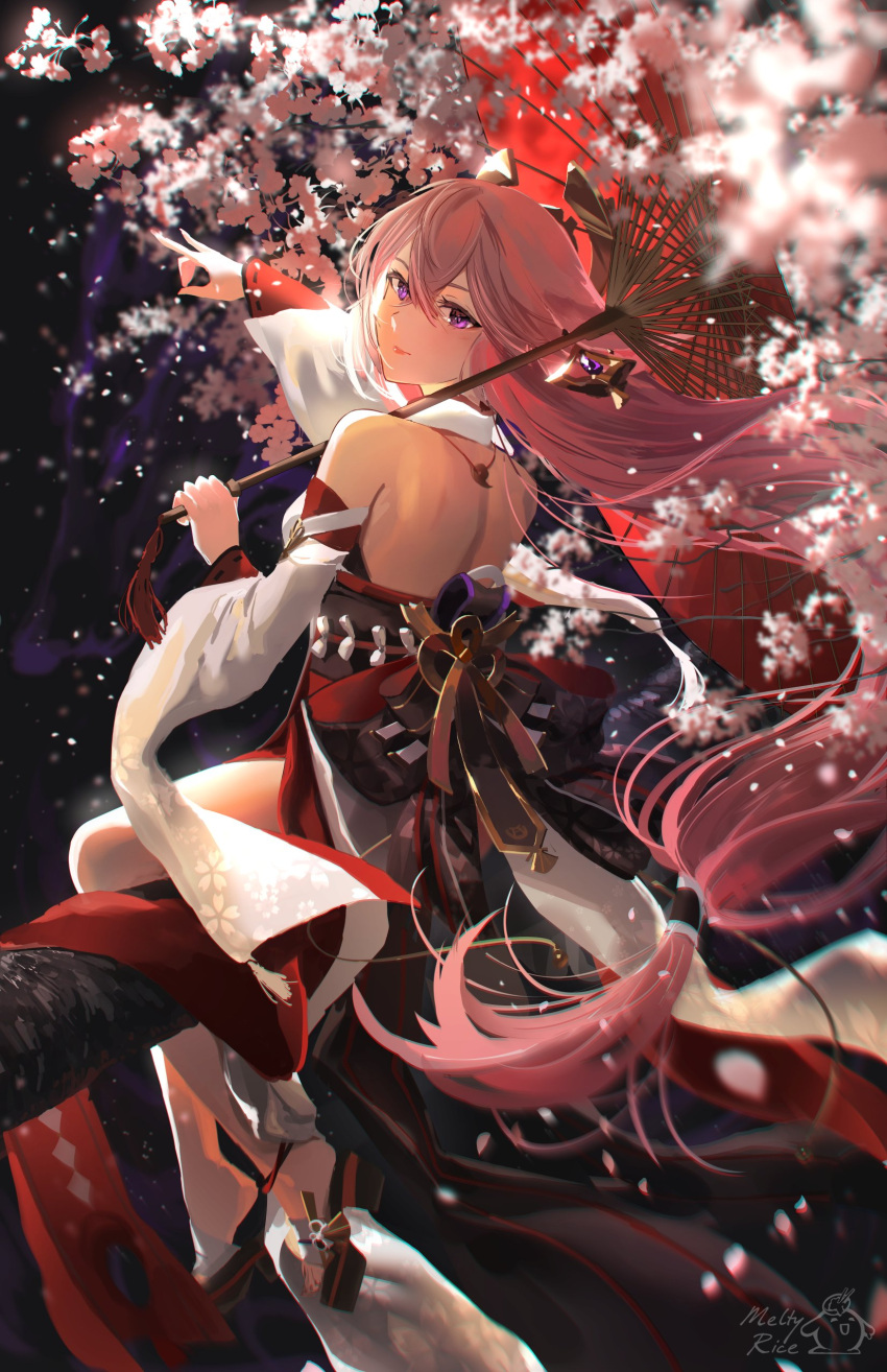 1girl absurdres animal_ears artist_logo bare_legs bare_shoulders blurry blurry_foreground cherry_blossoms closed_mouth detached_sleeves earrings fox_ears fox_shadow_puppet from_side genshin_impact geta hair_between_eyes hand_up highres holding holding_umbrella jewelry long_hair looking_at_viewer meltyrice nail_polish obi pink_hair pink_nails sash shirt side_slit signature sitting_on_branch sleeveless sleeveless_shirt solo toenail_polish toenails toes tree umbrella very_long_hair violet_eyes white_shirt white_sleeves wide_sleeves yae_miko