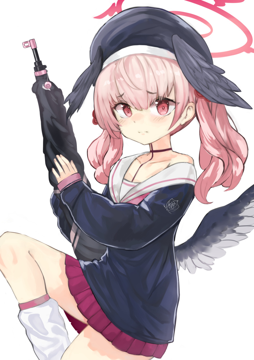 1girl bangs black_headwear black_wings blue_archive blush gun halo hat highres holding holding_gun holding_weapon koharu_(blue_archive) long_hair long_sleeves looking_at_viewer mg42cat-k1ng neckerchief pink_eyes pink_hair pink_neckerchief pink_skirt pleated_skirt sailor_collar skirt sleeves_past_wrists socks solo weapon white_background white_socks wings