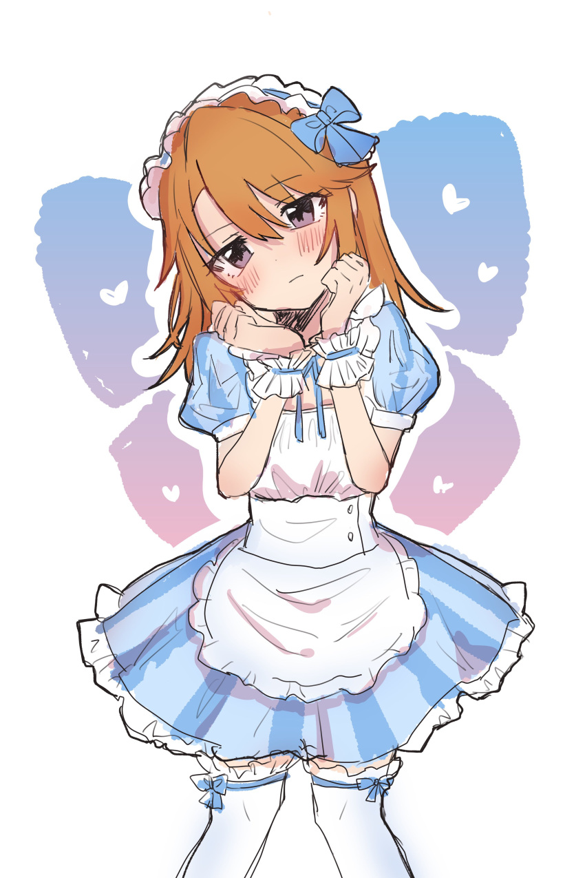 1girl absurdres alternate_costume apron bangs blue_bow blue_dress blush bow brown_eyes clenched_hands commentary cowboy_shot dot_nose dress enmaided expressionless flat_chest frilled_apron frilled_skirt frills hachiya_(silica_q) hair_bow hands_up heart highres idolmaster idolmaster_cinderella_girls looking_at_viewer maid maid_apron maid_headdress medium_hair orange_hair puffy_short_sleeves puffy_sleeves short_sleeves skirt solo striped striped_dress thigh-highs vertical-striped_dress vertical_stripes white_apron white_background white_thighhighs wrist_cuffs yuuki_haru