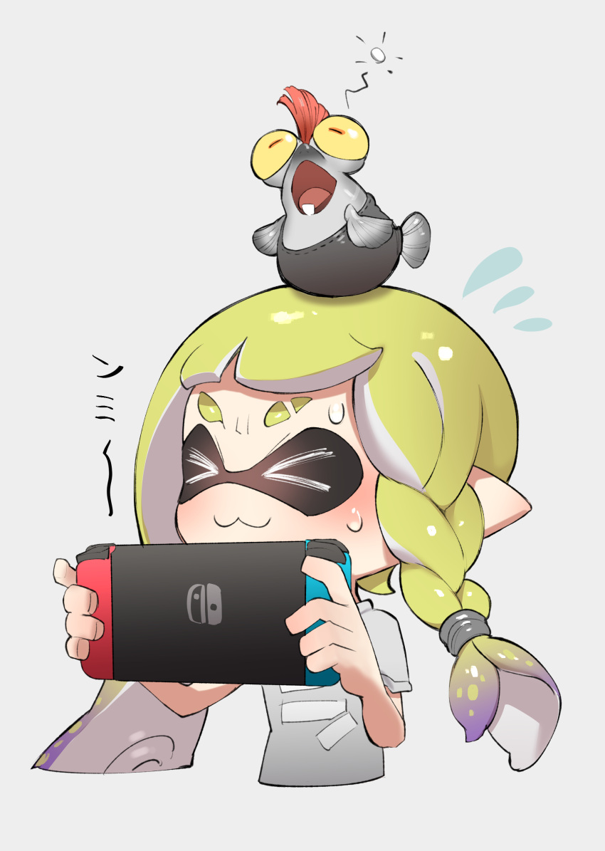 &gt;_&lt; 1girl :3 absurdres asymmetrical_hair braid closed_eyes closed_mouth eyebrow_cut flying_sweatdrops gradient_hair handheld_game_console hands_up highres holding holding_handheld_game_console inkling inkling_girl light_green_hair little_buddy_(splatoon) multicolored_hair nintendo_switch no_nose on_head puchiman purple_hair salmonid shirt short_sleeves simple_background smallfry_(splatoon) splatoon_(series) splatoon_3 suction_cups sweat tentacle_hair two-tone_hair v-shaped_eyebrows white_background