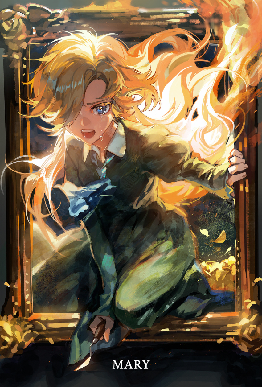 1girl ascot blonde_hair blue_ascot blue_eyes character_name collared_dress commentary crying dress fire flower green_dress hair_over_one_eye highres holding holding_knife ib juliet_sleeves knife long_hair long_sleeves looking_at_viewer mary_(ib) open_mouth palette_knife pekopeco petals picture_frame puffy_sleeves solo teeth upper_teeth yellow_flower