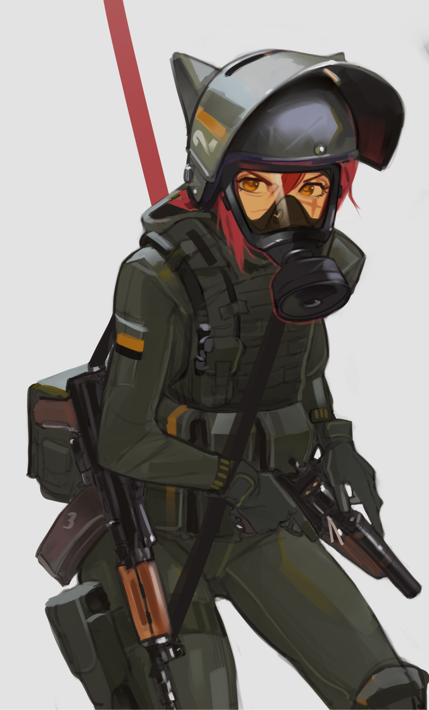 1girl absurdres aks-74u ammunition_pouch animal_ears assault_rifle bulletproof_vest cat_ears cat_girl frown gas_mask gloves gun handgun helmet highres kalashnikov_rifle mask original polilla pouch redhead revolver rifle scar scar_on_face short_hair solo tactical_clothes visor_(armor) weapon yellow_eyes