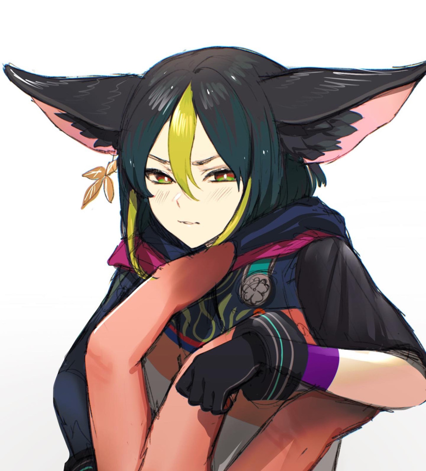 1boy 1other angry animal_ear_fluff animal_ears asymmetrical_sleeves bangs black_gloves black_hair blunt_ends bright_pupils brown_eyes clenched_teeth commentary earrings english_commentary fox_boy fox_ears genshin_impact glaring gloves gradient_eyes green_eyes green_hair hair_between_eyes highres holding hood hood_down hoodie jewelry kureppuru long_sleeves looking_at_viewer male_focus medal miniboy multicolored_eyes multicolored_hair short_hair short_sleeves sidelocks single_earring solo_focus teeth tighnari_(genshin_impact) two-tone_hair upper_body v-shaped_eyebrows white_pupils