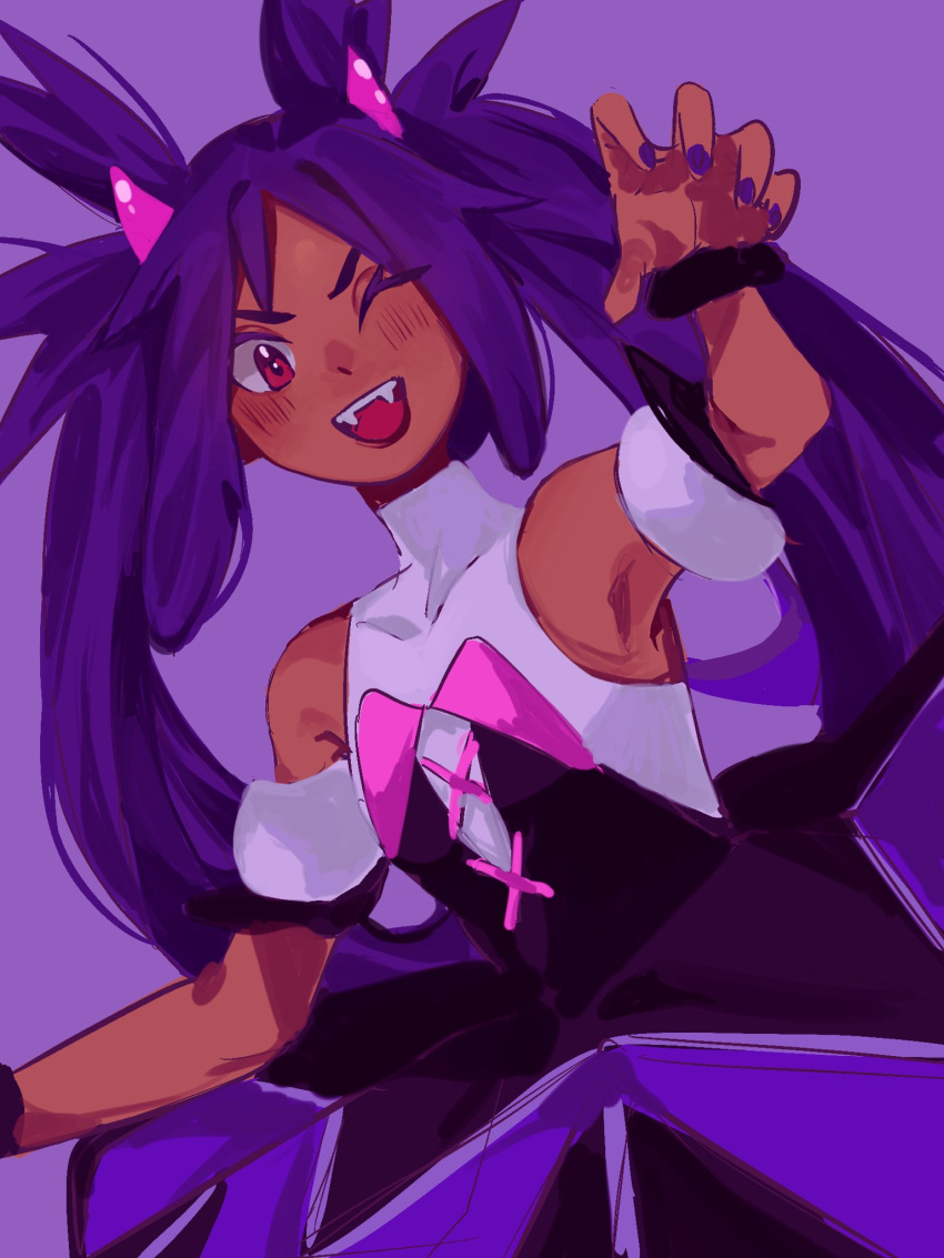 1girl blush dark-skinned_female dark_skin dress fake_horns fangs highres horns iris_(pokemon) looking_at_viewer mei_(manjunii) nail_polish official_alternate_costume one_eye_closed open_mouth pokemon pokemon_(game) pokemon_masters_ex purple_background purple_hair red_eyes sleeveless sleeveless_dress smile solo twintails v-shaped_eyebrows