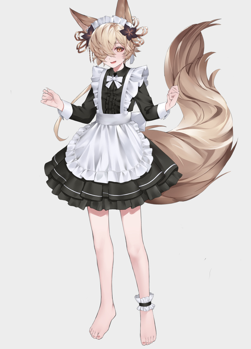 1boy absurdres alternate_costume animal_ears ankle_garter apron axescr bangs barefoot black_dress blonde_hair bow bowtie brown_eyes center_frills collared_dress commentary_request crossdressing dress eyelashes eyeshadow feet fox_ears fox_tail frilled_apron frilled_dress frills full_body granblue_fantasy hair_ornament hair_over_one_eye hair_ribbon hands_up highres kou_(granblue_fantasy) long_hair long_sleeves looking_at_viewer low_ponytail maid_apron maid_headdress makeup male_focus no_shoes one_eye_covered open_mouth otoko_no_ko parted_bangs ponytail red_eyeshadow ribbon sidelocks sleeve_cuffs smile solo standing tail toes white_apron white_background white_bow white_bowtie wing_collar