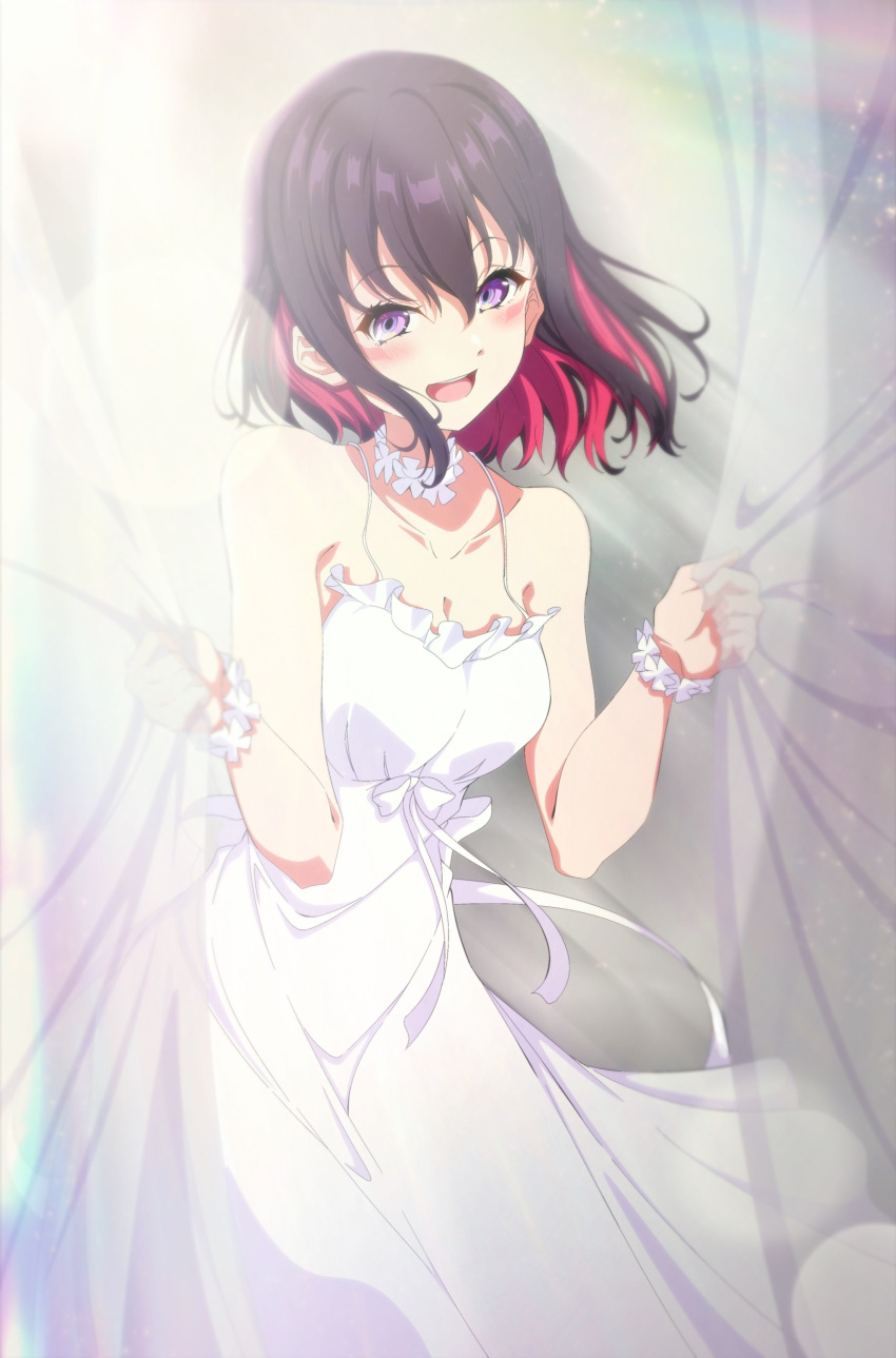 1girl absurdres azki_(hololive) black_hair blush breasts collarbone colored_inner_hair dress facial_mark hair_between_eyes highres hololive looking_at_viewer medium_breasts multicolored_hair open_mouth pink_hair ribbon scrunchie shimada_(odddddd64) short_hair smile solo violet_eyes virtual_youtuber white_dress white_ribbon wrist_scrunchie