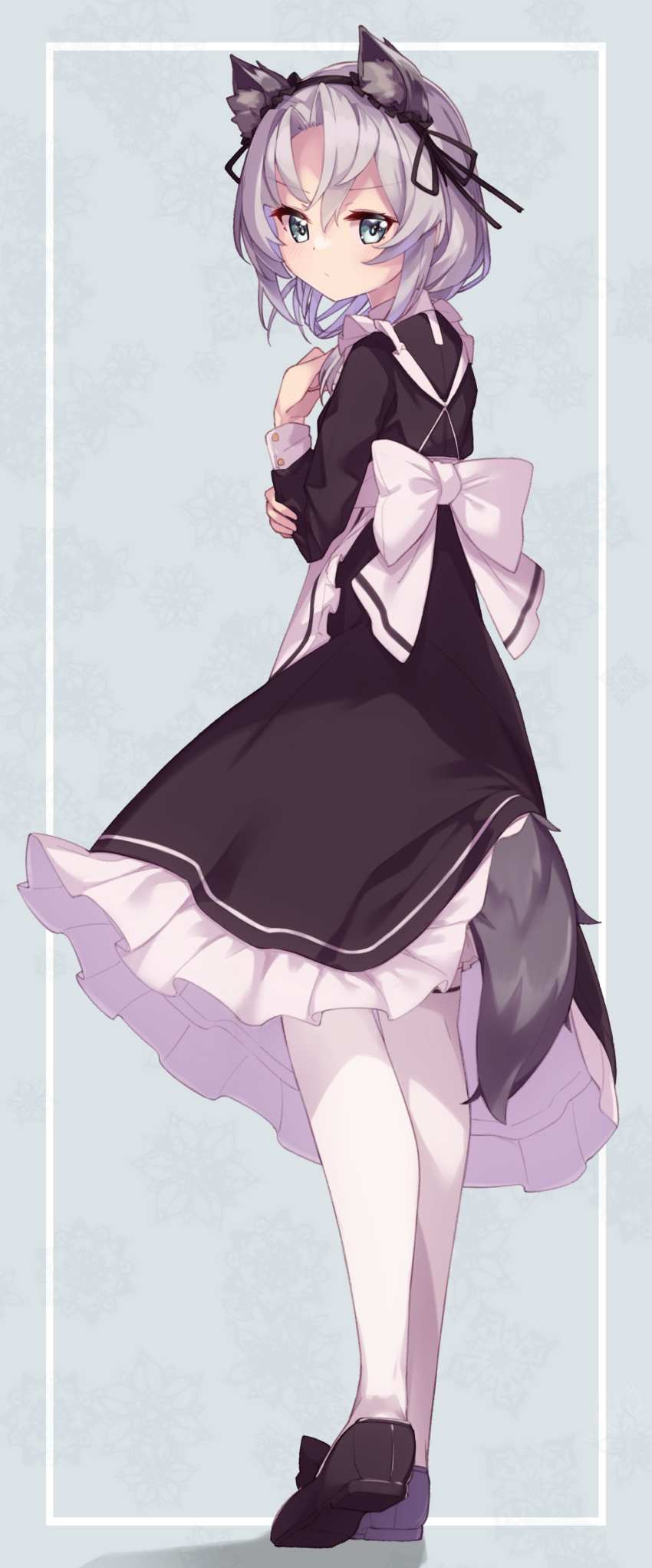 1girl absurdres alternate_costume animal_ears apron black_dress closed_mouth dress enmaided fake_animal_ears full_body grey_eyes grey_hair hair_between_eyes highres kantai_collection long_sleeves maid maid_apron nowaki_(kancolle) short_hair solo tail thigh-highs uut white_apron white_thighhighs wolf_ears wolf_tail