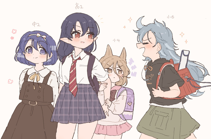 4girls ahoge alternate_costume animal_ears backpack bag black_dress black_hair black_shirt black_skirt blue_eyes blue_hair brown_eyes brown_hair closed_eyes closed_mouth dress fox_ears green_skirt grey_hair hair_between_eyes hairband highres himemushi_momoyo iizunamaru_megumu kudamaki_tsukasa long_hair long_sleeves looking_at_another looking_at_viewer miniskirt multiple_girls necktie open_mouth pink_skirt plaid plaid_skirt pointy_ears red_eyes red_necktie sakurasaka school_uniform shirt short_hair simple_background skirt smile standing striped_necktie tenkyuu_chimata touhou v-shaped_eyebrows white_background white_shirt yellow_hairband