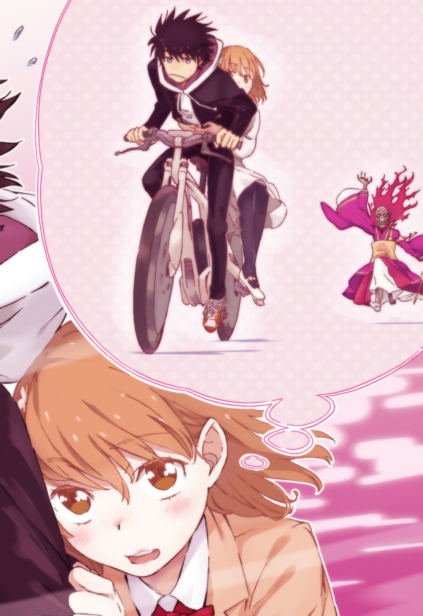 1girl 2boys arm_up bald bicycle black_hair black_jacket black_pants black_thighhighs blue_eyes blush bow bowtie brown_eyes brown_hair brown_jacket chasing closed_mouth colorized commentary flying_sweatdrops gakuran gazing_eye green_eyes ground_vehicle haimura_kiyotaka hair_between_eyes high_priest_(toaru_majutsu_no_index) highres hood hood_down hoodie hug hug_from_behind imagining jacket kamijou_touma light_blush long_sleeves medium_hair misaka_mikoto multiple_boys mummy nose_blush novel_illustration official_art open_mouth pants red_bow red_bowtie riding riding_bicycle running school_uniform short_hair sitting spiky_hair spoilers sweat sweatdrop teeth thigh-highs thought_bubble toaru_majutsu_no_index toaru_majutsu_no_index:_new_testament tokiwadai_school_uniform upper_teeth v-shaped_eyebrows white_footwear white_hood white_hoodie wide_sleeves