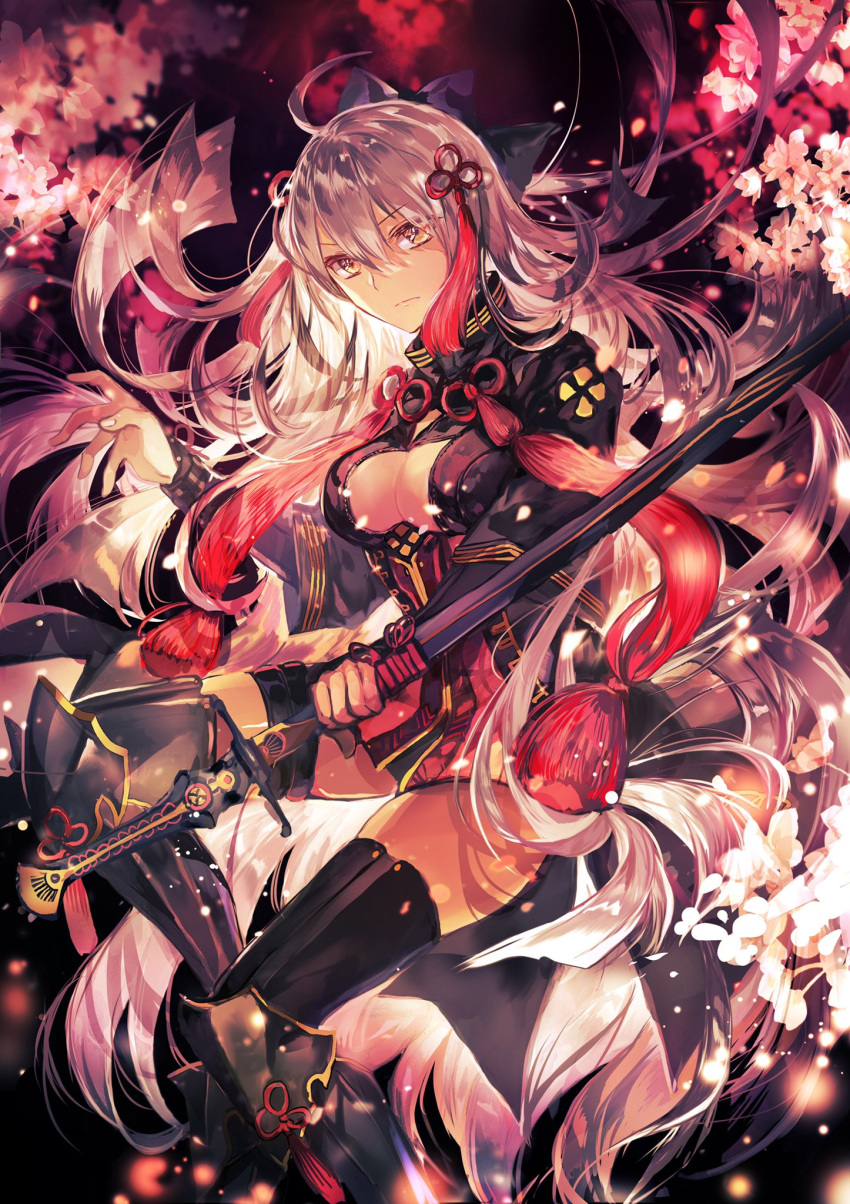 1girl black_bow bow cherry_blossoms dark_skin fate/grand_order fate_(series) hair_between_eyes hair_bow hair_ornament highres katana long_hair okita_souji_(fate) okita_souji_alter_(fate) petals rioka_(southern_blue_sky) sheath sheathed skindentation solo sword very_long_hair weapon white_hair yellow_eyes zettai_ryouiki