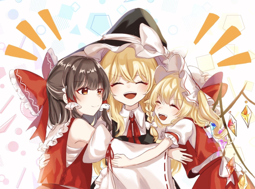 3girls apron arms_up back_bow bandages bangs bare_shoulders black_dress black_headwear blonde_hair blush bow bowtie braid brown_hair circle closed_eyes closed_mouth collared_shirt commentary_request crystal detached_sleeves dress fang fingernails flandre_scarlet hair_between_eyes hair_bow hair_ornament hair_tubes hakurei_reimu hands_up hat hat_bow hat_ribbon highres hug jewelry kirisame_marisa long_hair long_sleeves looking_at_another mob_cap multicolored_wings multiple_girls one_side_up open_mouth puffy_short_sleeves puffy_sleeves red_bow red_bowtie red_eyes red_ribbon red_skirt red_vest rhombus ribbon sarashi shirt short_hair short_sleeves single_braid skirt skirt_set smile square standing teeth tongue touhou triangle v-shaped_eyebrows vest white_apron white_background white_bow white_headwear white_shirt wide_sleeves wings witch_hat yomogi_9392