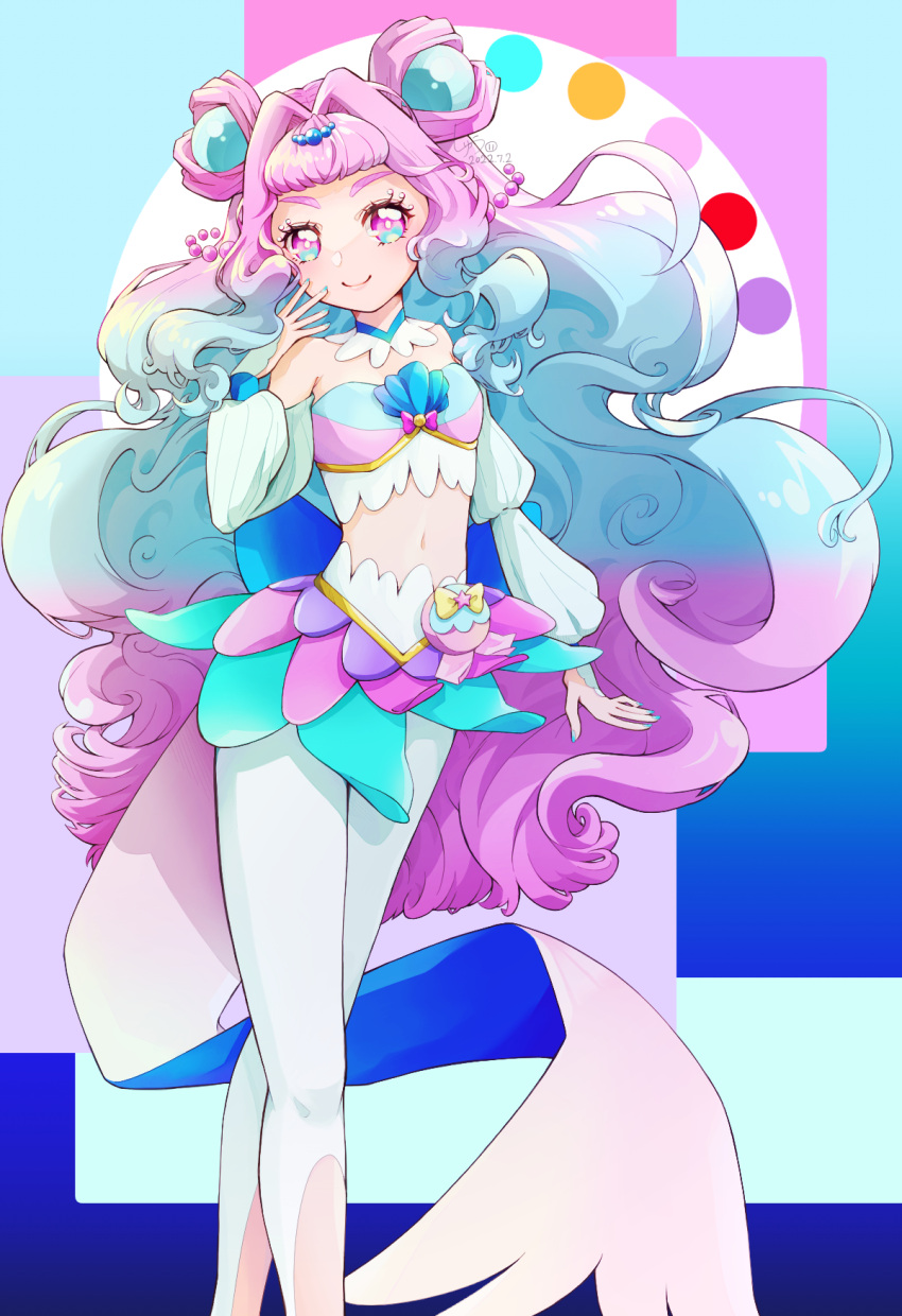 1girl a_syu_z back_bow blue_background blue_hair blue_nails bow breasts crop_top cure_la_mer detached_collar detached_sleeves eyelash_ornament heart heart_in_eye highres laura_la_mer layered_skirt leggings long_hair magical_girl multicolored_eyes multicolored_hair pearl_hair_ornament pink_background pink_hair pouch precure skirt small_breasts solo symbol_in_eye thick_eyelashes tropical-rouge!_precure two-tone_hair very_long_hair white_leggings white_sleeves
