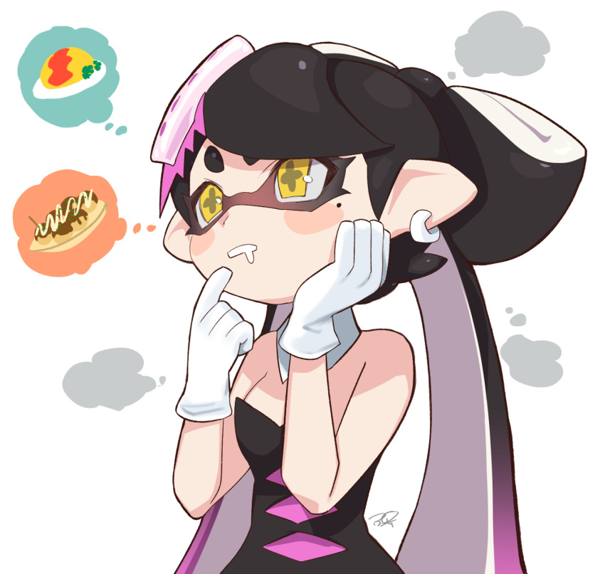 1girl bare_shoulders black_hair breasts callie_(splatoon) cross-shaped_pupils detached_collar drooling earrings finger_to_mouth food food_on_head gradient_hair hand_on_own_face hands_up highres jewelry long_hair medium_breasts mole mole_under_eye multicolored_hair object_on_head omelet pointy_ears puchiman purple_hair simple_background solo splatoon_(series) splatoon_1 takoyaki tentacle_hair thought_bubble two-tone_hair white_background yellow_eyes