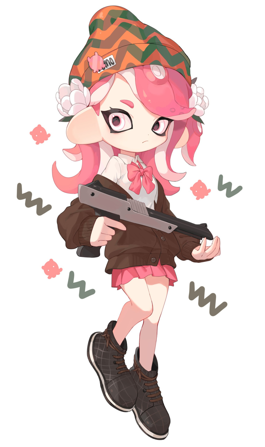 1girl absurdres beanie black_cardigan black_footwear bow bowtie cardigan closed_mouth flower full_body gun hair_flower hair_ornament hat highres holding holding_gun holding_weapon kumo_(kumo_hsc0216) long_sleeves looking_at_viewer n-zap_(splatoon) octoling octoling_girl off_shoulder pink_bow pink_bowtie pink_eyes pink_hair pink_skirt pleated_skirt pointy_ears shirt shoes simple_background skirt sneakers solo splatoon_(series) splatoon_2 tentacle_hair weapon white_background white_flower white_shirt