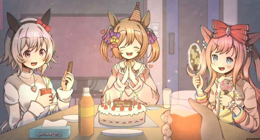 3girls agnes_digital_(umamusume) birthday_cake blue_eyes bow cake casual cellphone chair closed_eyes curren_chan_(umamusume) food hair_bow highres horse_girl multiple_girls open_mouth phone pink_hair pov pov_hands rakugakiraid smart_falcon_(umamusume) table tissue umamusume